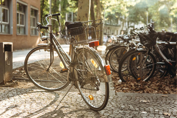 Many bicycles are parked on Leipzig Street in Germany. The photo was taken in the fall at sunset....