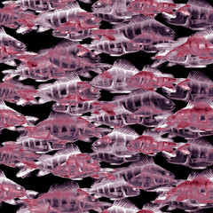 A flock of fish perch. The drawing is made in watercolors in burgundy, black and white. Undersea world. Seamless vintage artwork background. Drawing with white chalk. 