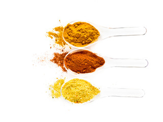 Various kinds of spices on plastic spoons isolated on white background. Various spices selection on spoon lined up face to face on a white background. Space for text 