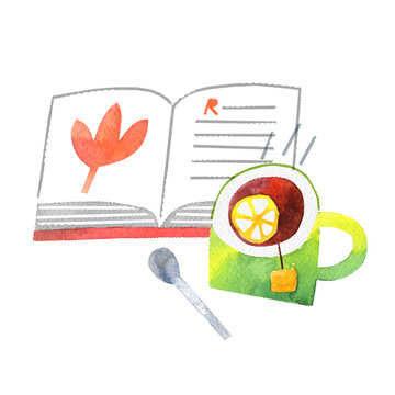 cup of tea with lemon and open book with leaf illustration on white background with clipping path