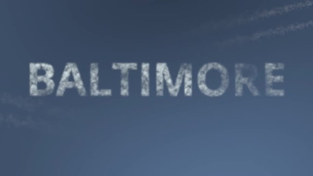 Flying airplanes reveal Baltimore caption. Traveling to the United States conceptual intro animation