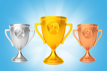 Gold silver bronze cup winner  award blue. 3d render