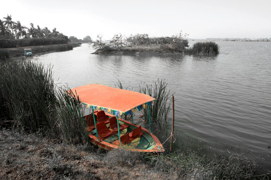 Colorful boat at kolleru lake and bird sanctuary in India
