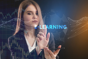 The concept of business, technology, the Internet and the network. A young entrepreneur working on a virtual screen of the future and sees the inscription: E-learning