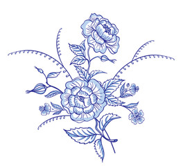 Bouquet of blue flowers on white background, vector illustration. Decorative stylized ornament of abstract roses, print for fabric and other designs.