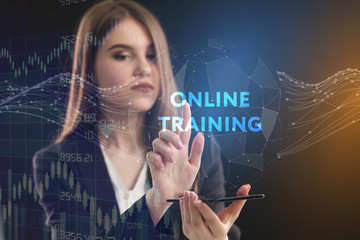 The concept of business, technology, the Internet and the network. A young entrepreneur working on a virtual screen of the future and sees the inscription: Online training