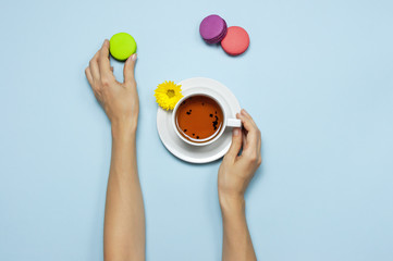 Cup of tea in female hands, colorful sweet cakes macaroons and yellow chrysanthemum on blue background. Delicious breakfast, Concept Good morning, still life with tea cup, postcard. Top view Flat lay 