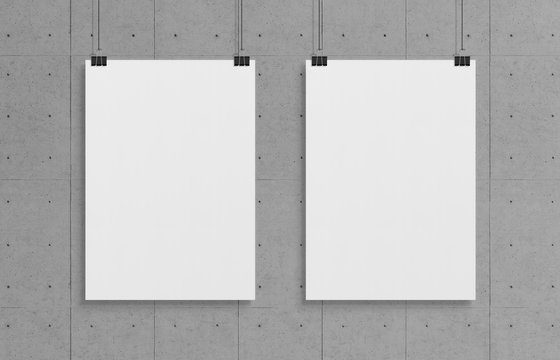 Two Blank White Poster Hanging Up With Clips Mockup