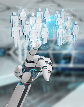 White cyborg hand controlling group of people 3D rendering