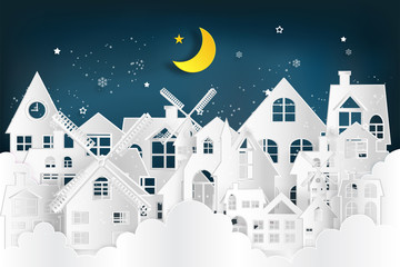 Obraz na płótnie Canvas Cityscape int the cloudscape in the night as Merry christmas and winter season,paper art and digital craft style concept. vector illustration.