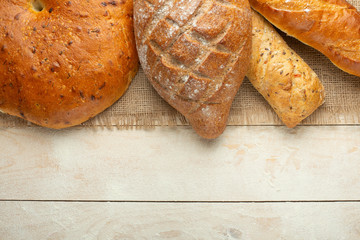 Bread homemade on a wooden table.
