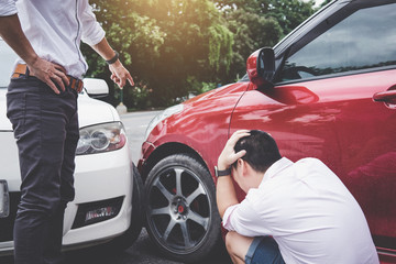 Two drivers man arguing after a car traffic accident collision, Traffic Accident and insurance...