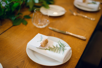 Top view of rustic wedding table setting with green plants on wooden table. Minimalistic table decoration