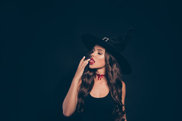 Let's begin the creepy feast Close up of curly brunette lady wi