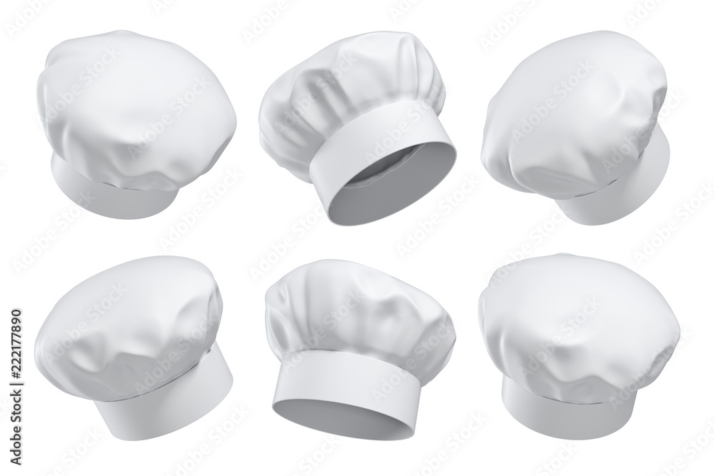 Aufkleber 3d rendering of six white chef's hats isolated on a white background in different angles.