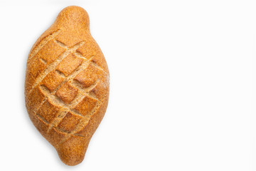 Fresh bread on wooden table isolated on white background, top view