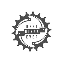 Best Bikes Ever Emblem. Design Element for Bike Shop or Advertising Banner. Chainring and Ribbon, Monochrome Vector Illustration.