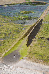 Aerial of people walking a breakwater covered with seaweed.