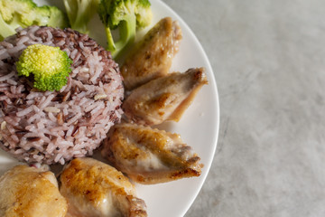 clean food , Fried chicken ,Broccoli  vegetable , egg and rice