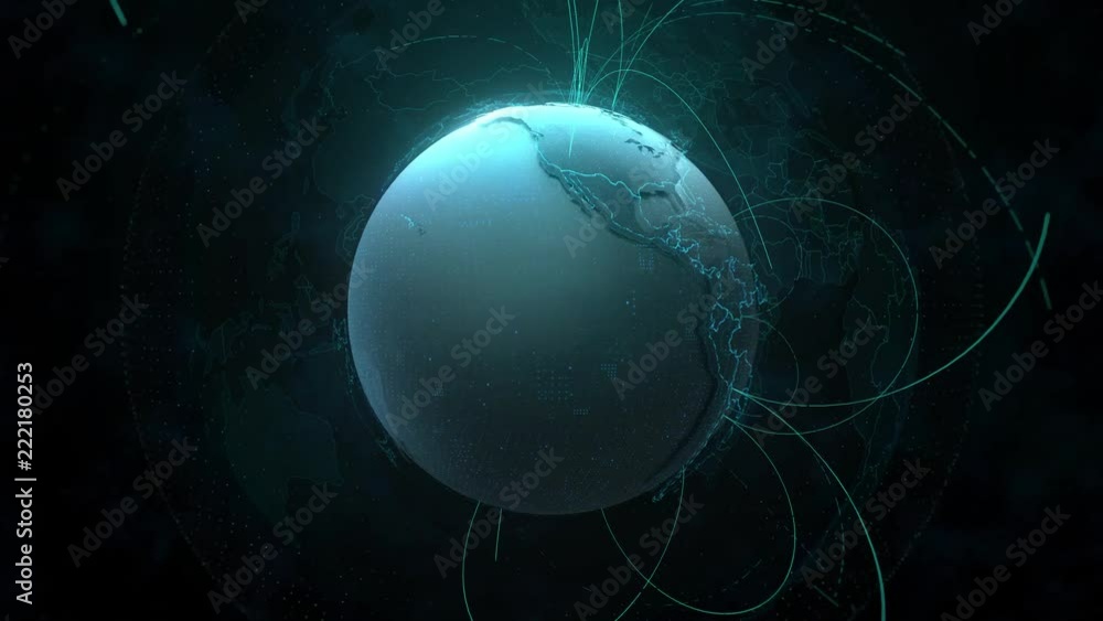 Poster 3d detailed render of earth globe. technology theme. complex globe form with arcs that go from one p