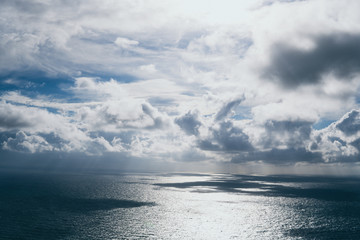 Stormy Sea and Sky. Thundery Clouds and Gray Ocean. Wild Nature Dark Dramatic Background. Toned and...