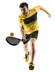one caucasian man playing Padel tennis player isolated on white background
