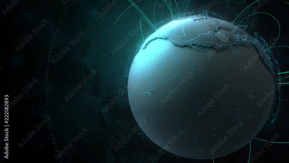 Poster 3d detailed render of earth globe. technology theme. complex globe form with arcs that go from one p
