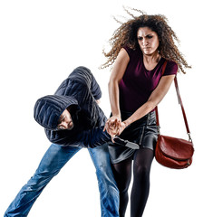 one caucasian woman victim of a thief aggression self defense isolated on white background