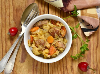 Pork stew with vegetables, top view