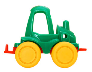 Green toy plastic car with yellow wheels. White isolate.