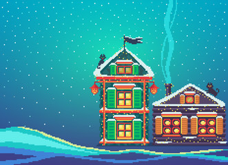 Pixel art scenery with two christmas houses.