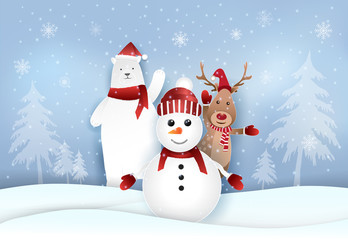 Snowman,Polar bear and deer with snowy. Christmas holiday season illustration background