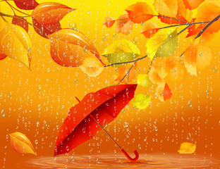 Autumn background with umbrella, leaves and rain drops 