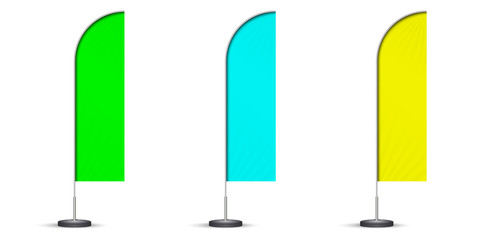 set of colored beach flags isolated on white background. blank event flags. green, blue and yellow feather flags