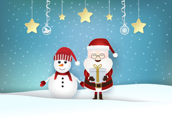 Santa claus and snowman with christmas decoration background