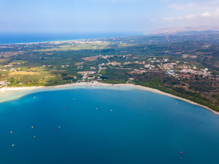 Aerial view to beautiful Lake Kournas in Crete island. Photo from drone. Greece.