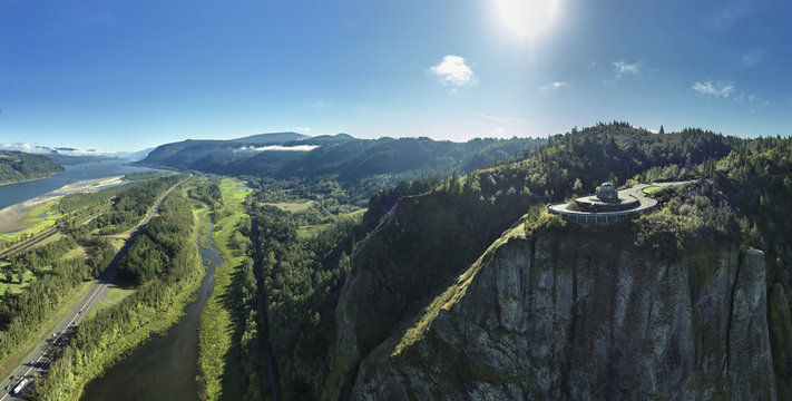 Aerial panorama of Crown Point and the Columbia River in the Columbia River Gorge on a sunny summer day