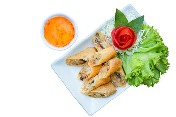 Veg. Spring Rolls and sweet chill sauce on white dish on isolated white background.Thai food and clipping path.