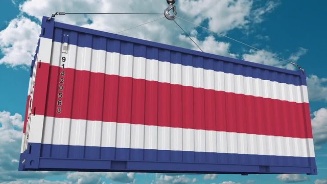 Cargo container with flag of Costa Rica. Import or export related conceptual 3D animation