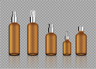 Mock up Realistic Glossy Amber Transparent Glass With Metallic Cap for Cosmetic Soap, Shampoo, Cream, Oil Dropper and Spray Bottles Set With Black Cap for Skincare Product Background Illustration