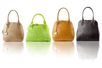 Set of reptile skin handbags, isolated on white background.Front view.
