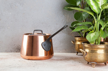 Vintage copper casserole and green plants