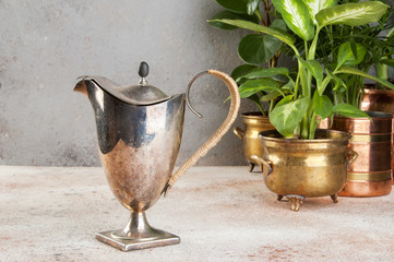 Vintage metal coffee pot and green plants