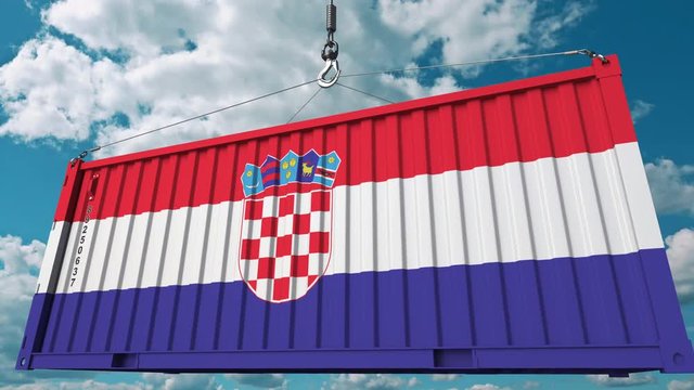 Cargo container with flag of Croatia. Croatian import or export related conceptual 3D animation