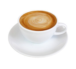 Hot coffee cappuccino latte in white cup with stirred spiral milk foam texture isolated on white background, clipping path included.