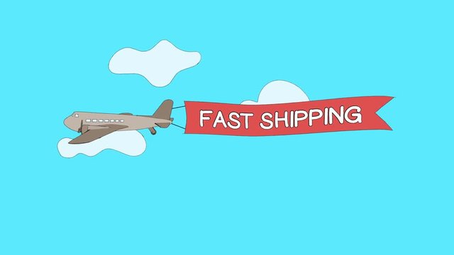 Airplane is passing through the clouds with "Fast Shipping" banner - Seamless loop