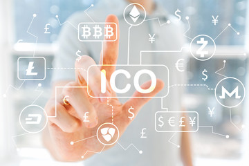 Cryptocurrency ICO Theme with young man in front of windows