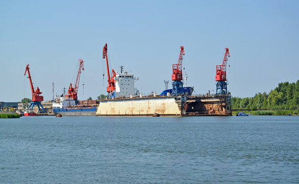 Floating ship dock in port of the city Svetlyj. Kaliningrad region