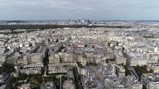 Aerial footage of Paris apartments located in the16th arrondissement also showing La Defense in background the major business district three kilometres west of the city limits 4k high resolution
