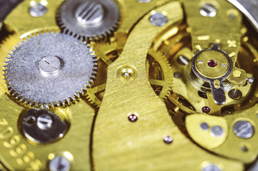 Gears old mechanical watches. Pendulum, cogs under the hood. Close up view, selective focus.Vintage...